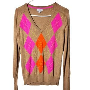 JCP Women’s Long Sleeve V Front Argyle Sweater Sz S